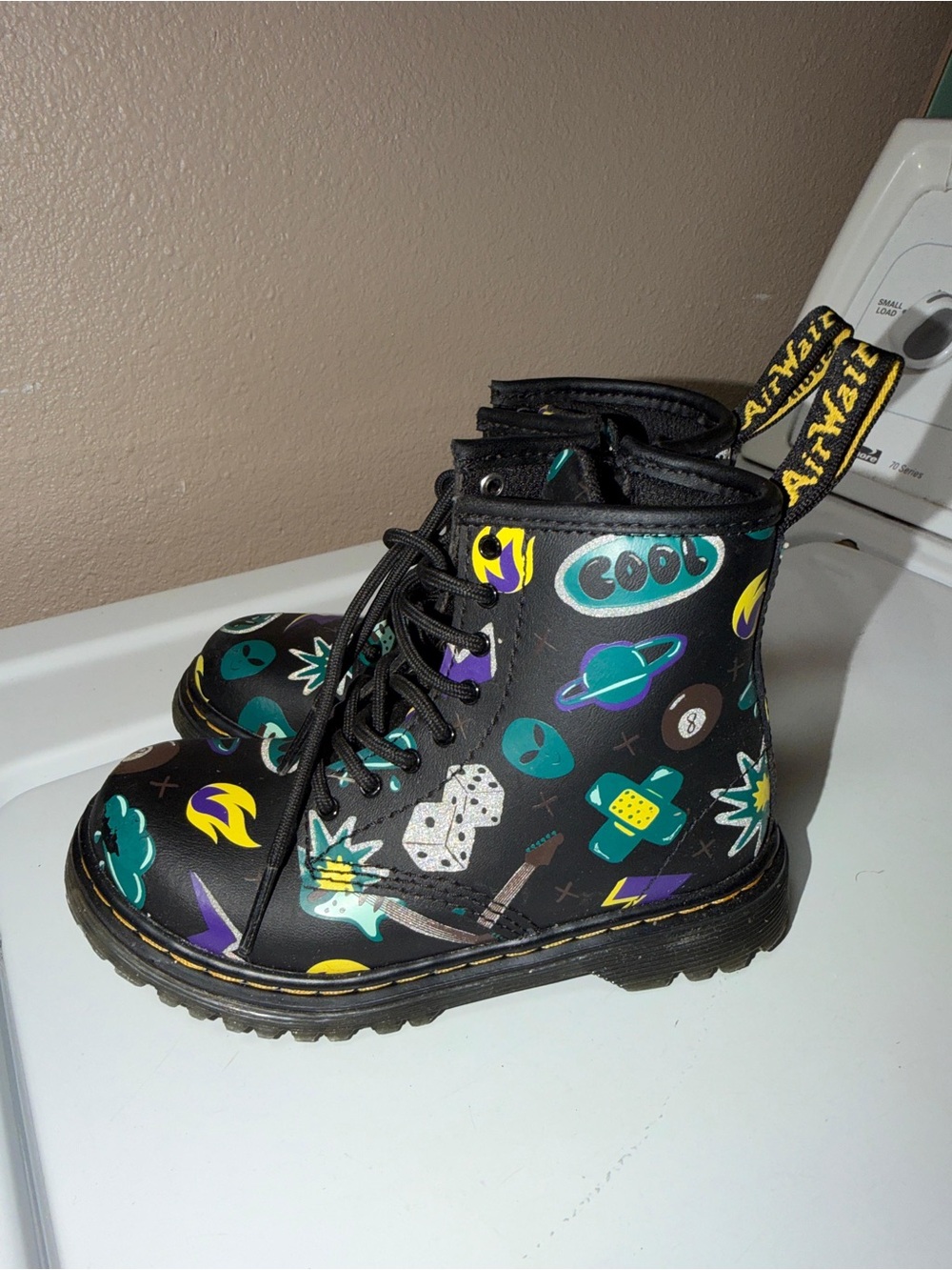 Dr. Martens Black Combat Boots with Multicolor Graphic Patches